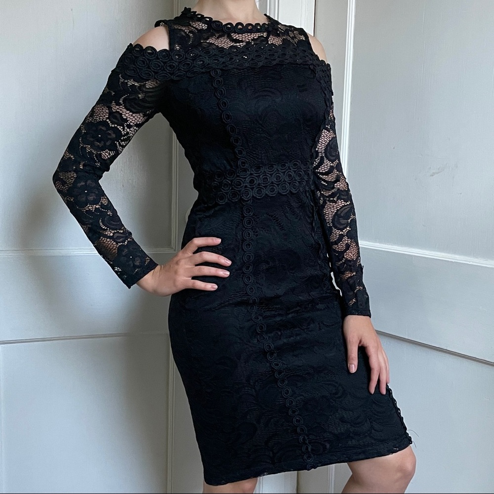 Michele Bohbot Bisou Bisou black lace open shoulder bodycon dress